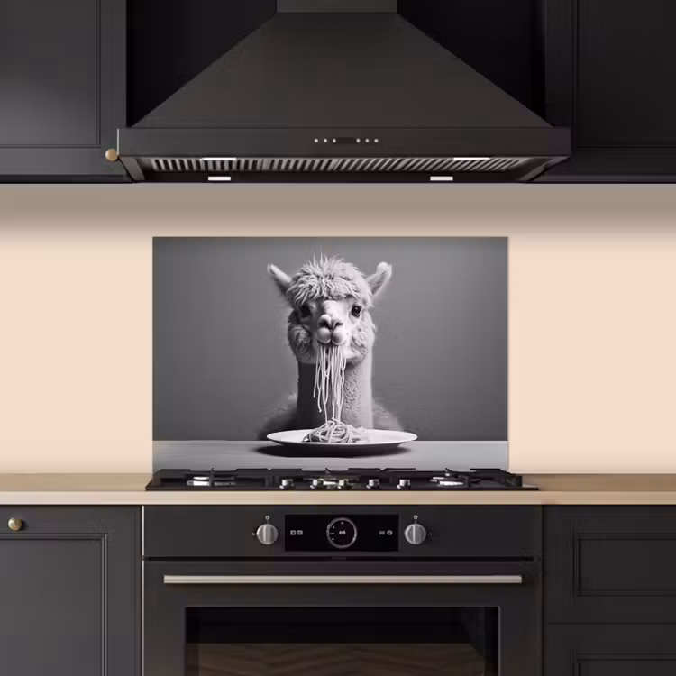 Alpaca - Pasta - Zwart - Wit - Grappig - Dieren keuken achterwand spatscherm klein -sfeer1