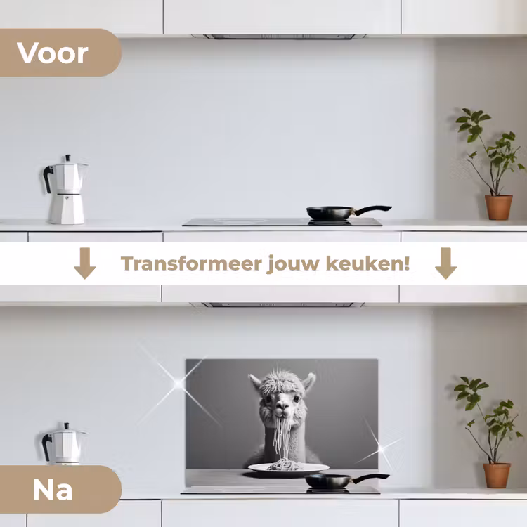 Alpaca - Pasta - Zwart - Wit - Grappig - Dieren keuken achterwand spatscherm klein -voor_na_NL