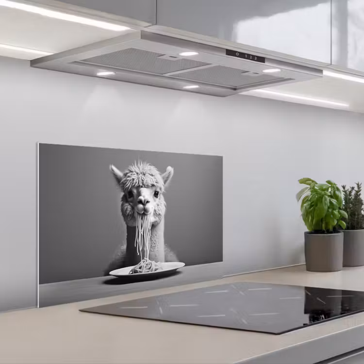 Alpaca - Pasta - Zwart - Wit - Grappig - Dieren keuken achterwand spatscherm klein -3d_schuin