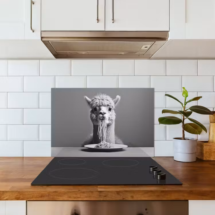 Alpaca - Pasta - Zwart - Wit - Grappig - Dieren keuken achterwand spatscherm klein -sfeer2