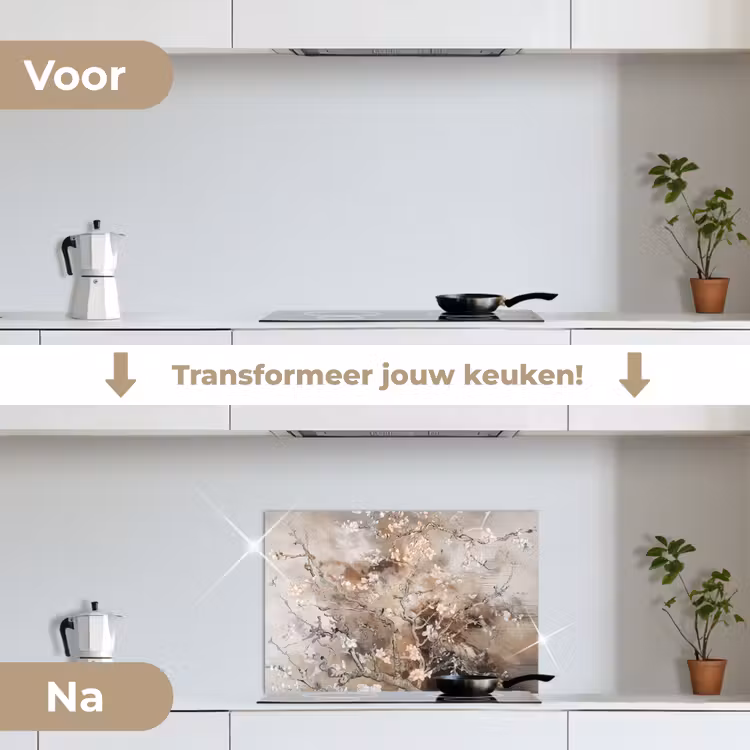 Amandelbloesem - Kunst - Van Gogh - Beige - Abstract keuken achterwand spatscherm klein -voor_na_NL