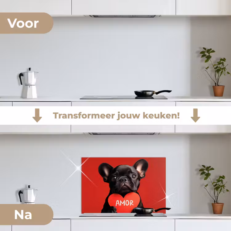 Amor - Hond - Hartje - Rood keuken achterwand spatscherm klein -voor_na_NL