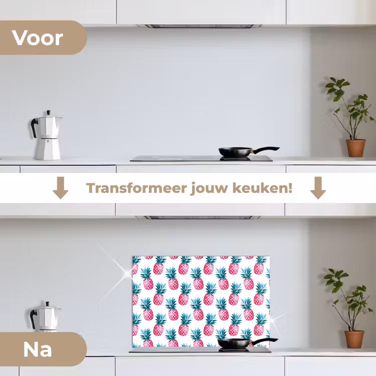Ananas - Roze - Wit keuken achterwand spatscherm klein 900 -voor_na_NL