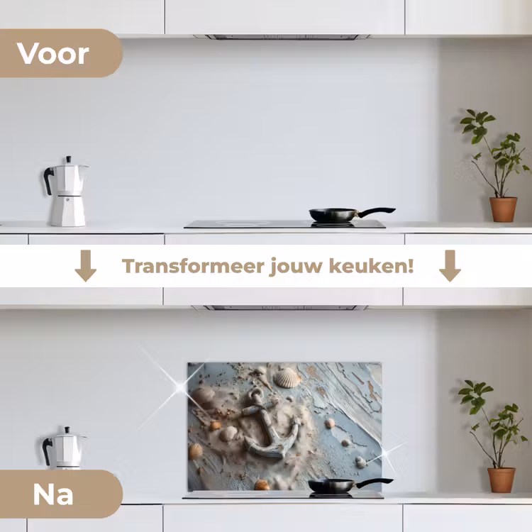 Anker - Hout - Schelpen - Zand keuken achterwand spatscherm klein -voor_na_NL