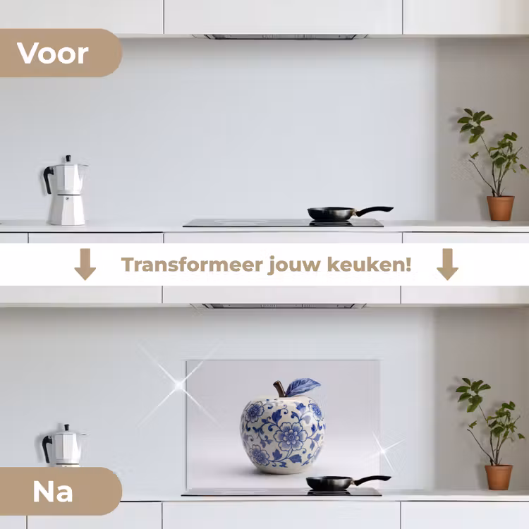Appel - Blauw - Klassiek keuken achterwand spatscherm klein -voor_na_NL