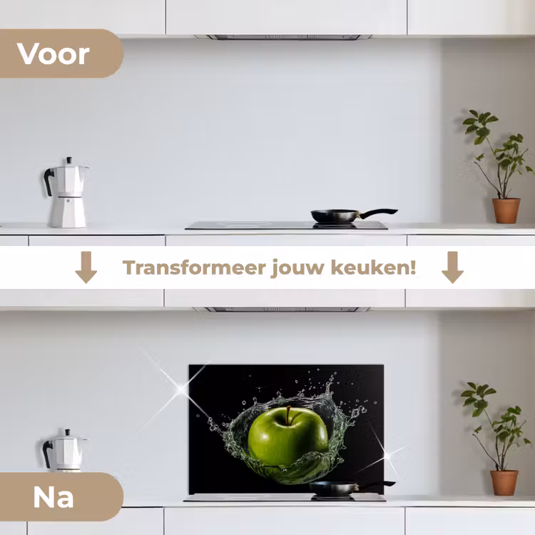 Appel - Groen - Fruit - Water - Zwart keuken achterwand spatscherm klein -voor_na_NL