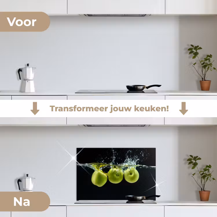 Appels - Fruit - Water - Zwart - Groen keuken achterwand spatscherm klein -voor_na_NL