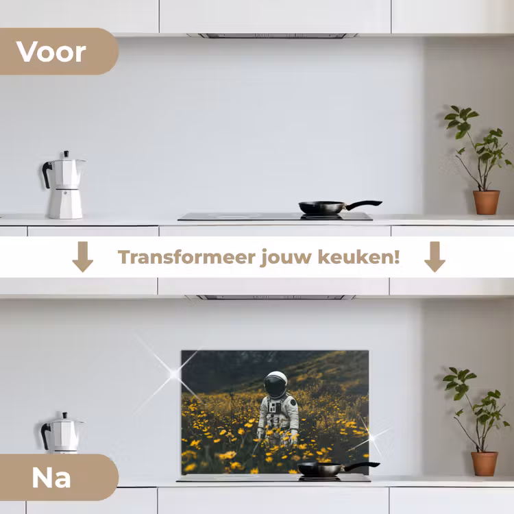 Astronaut - Bloemen - Veld - Geel keuken achterwand spatscherm klein -voor_na_NL
