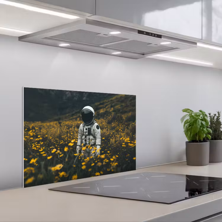 Astronaut - Bloemen - Veld - Geel keuken achterwand spatscherm klein -3d_schuin