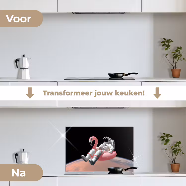 Astronaut - Flamingo - Zwemband - Roze keuken achterwand spatscherm klein -voor_na_NL
