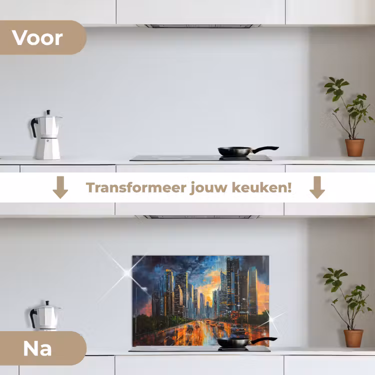 Auto - Skyline - Zon - Blauw keuken achterwand spatscherm klein -voor_na_NL