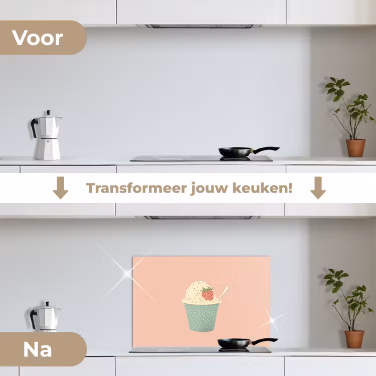 Bakje - Ijs - Aardbei - Roze keuken achterwand spatscherm klein -voor_na_NL