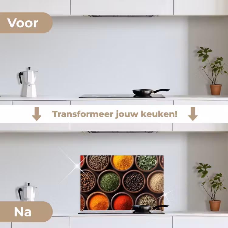 Bakjes - Hout - Kruiden - Kleurrijk keuken achterwand spatscherm klein -voor_na_NL
