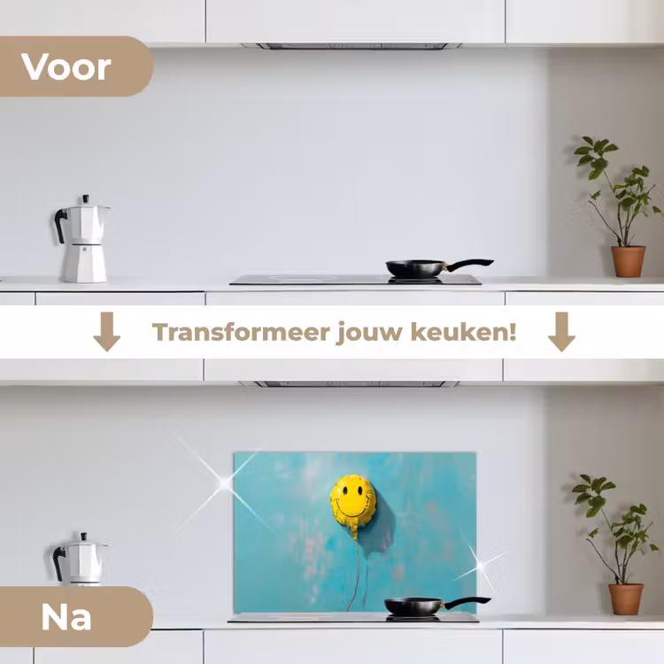 Ballon - Geel - Smiley keuken achterwand spatscherm klein -voor_na_NL