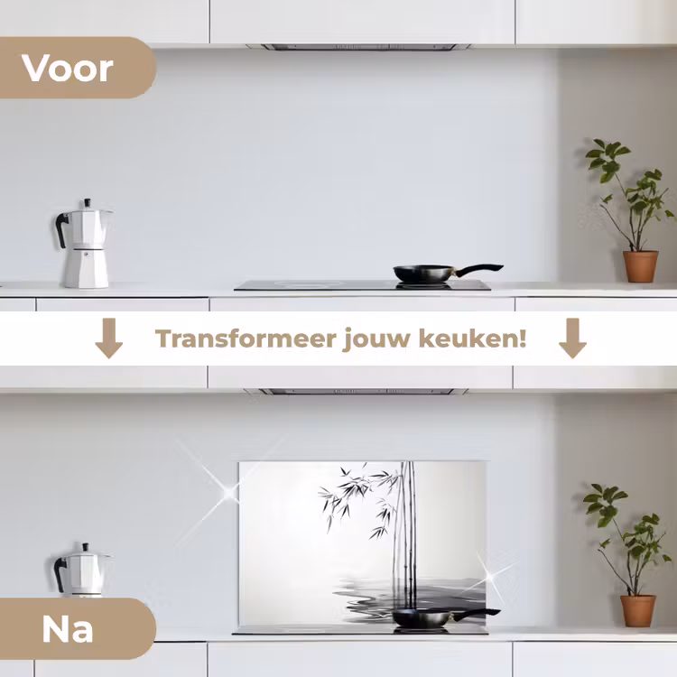 Bamboestammen - Water - Minimalistisch - Wit keuken achterwand spatscherm klein -voor_na_NL