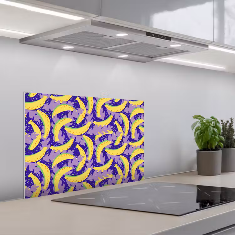 Bananen - Bladeren - Paars keuken achterwand spatscherm klein 900 -3d_schuin