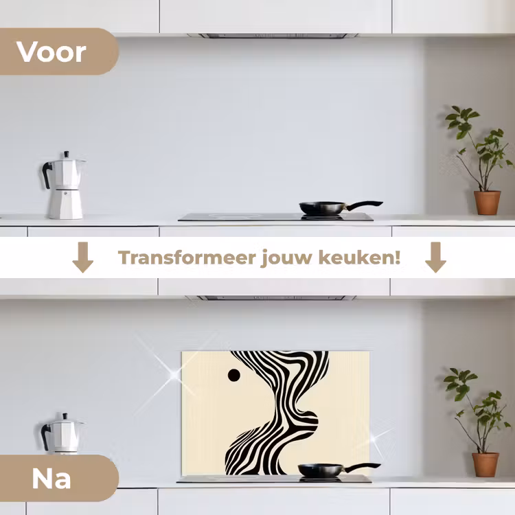 Beige - Lijnen - Golvend - Abstract keuken achterwand spatscherm klein -voor_na_NL
