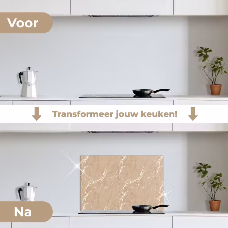 Beige - Marmer - Organisch - Wit keuken achterwand spatscherm klein 900 -voor_na_NL