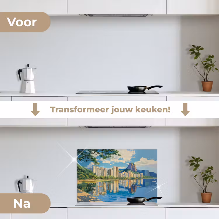 Berg - Skyline - Strand - Water keuken achterwand spatscherm klein -voor_na_NL