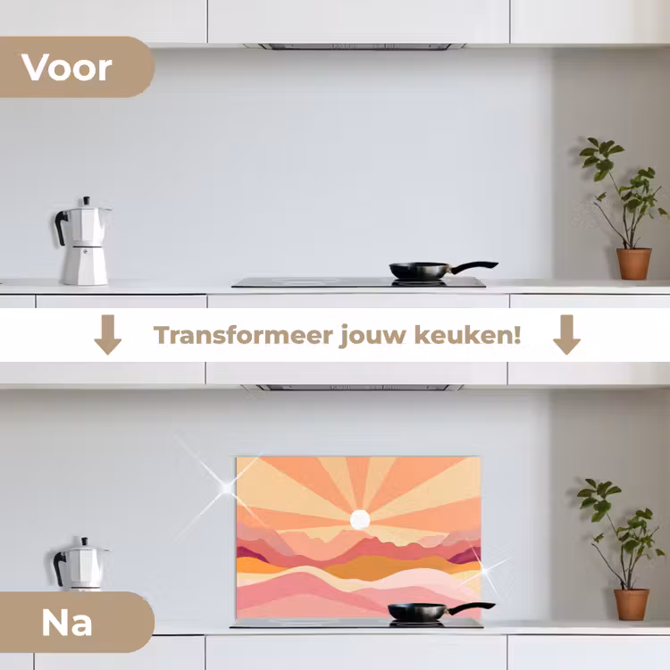 Bergen - Abstract - Zonnestralen - Roze keuken achterwand spatscherm klein -voor_na_NL