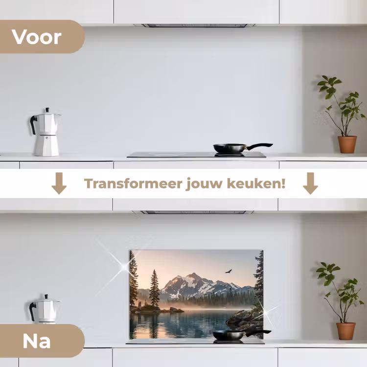 Bergen - Water - Bomen keuken achterwand spatscherm klein -voor_na_NL