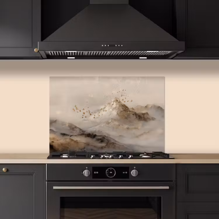Berglandschap - Mist - Penseelstreken keuken achterwand spatscherm klein -sfeer1