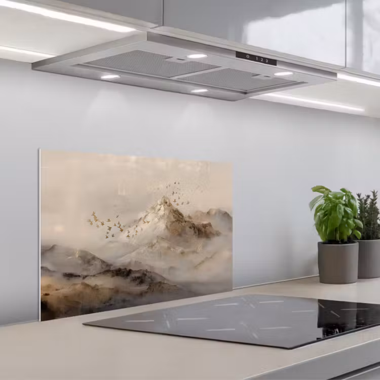 Berglandschap - Mist - Penseelstreken keuken achterwand spatscherm klein -3d_schuin