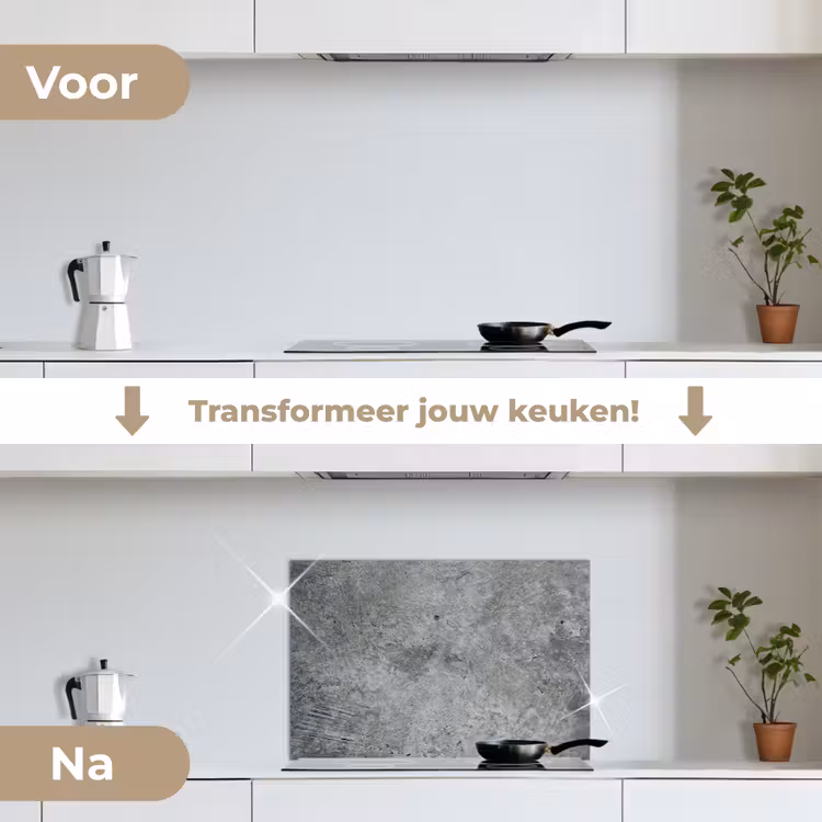 Beton - Leisteen - Grijs -Betonstructuur keuken achterwand spatscherm klein -voor_na_NL