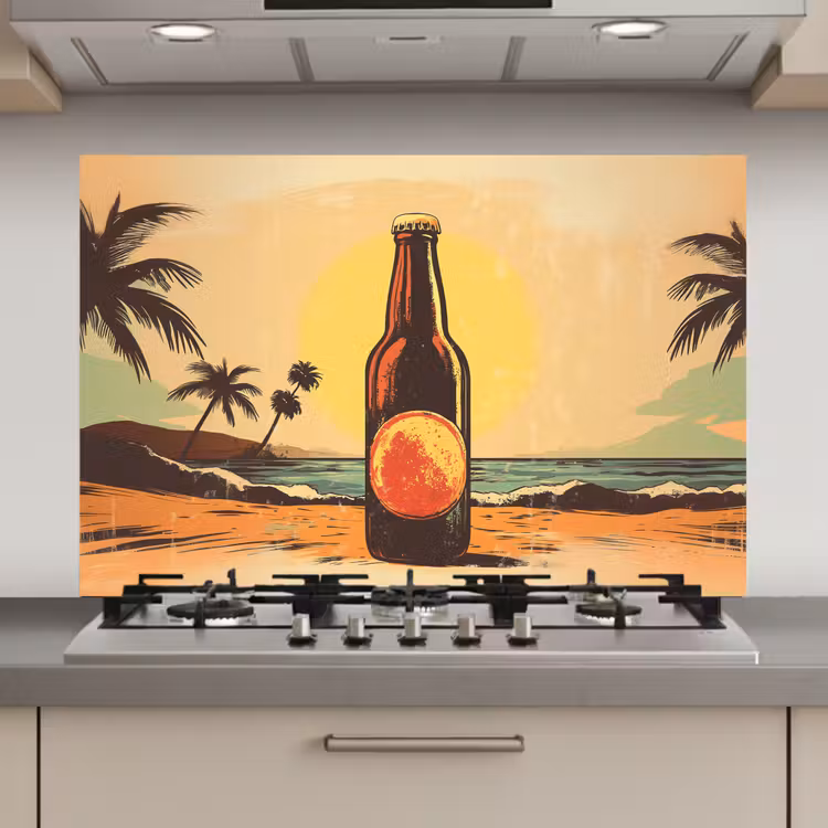 Bierfles - Zonsondergang - Palmbomen - Zee keuken achterwand spatscherm klein -3d_website