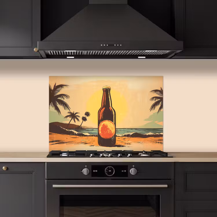Bierfles - Zonsondergang - Palmbomen - Zee keuken achterwand spatscherm klein -sfeer1