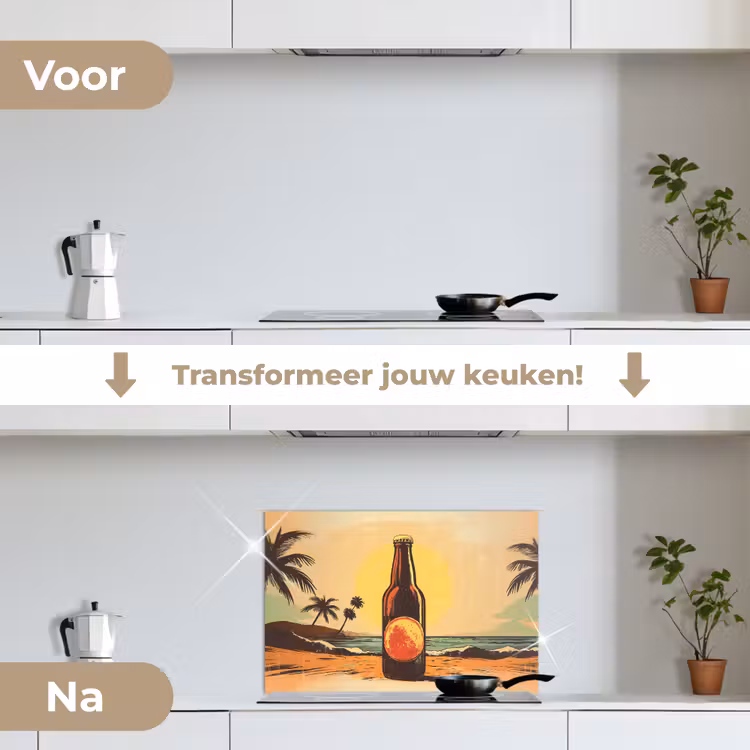 Bierfles - Zonsondergang - Palmbomen - Zee keuken achterwand spatscherm klein -voor_na_NL