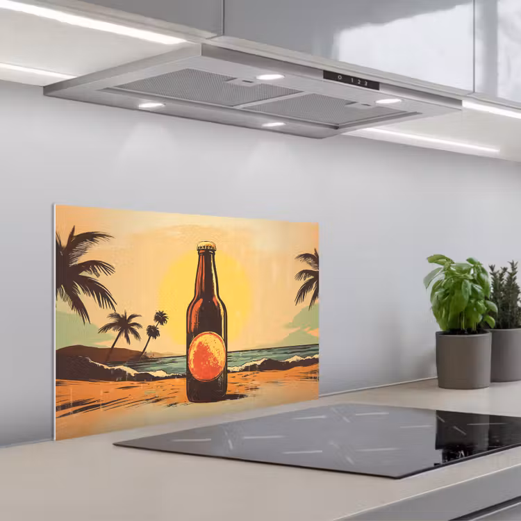 Bierfles - Zonsondergang - Palmbomen - Zee keuken achterwand spatscherm klein -3d_schuin