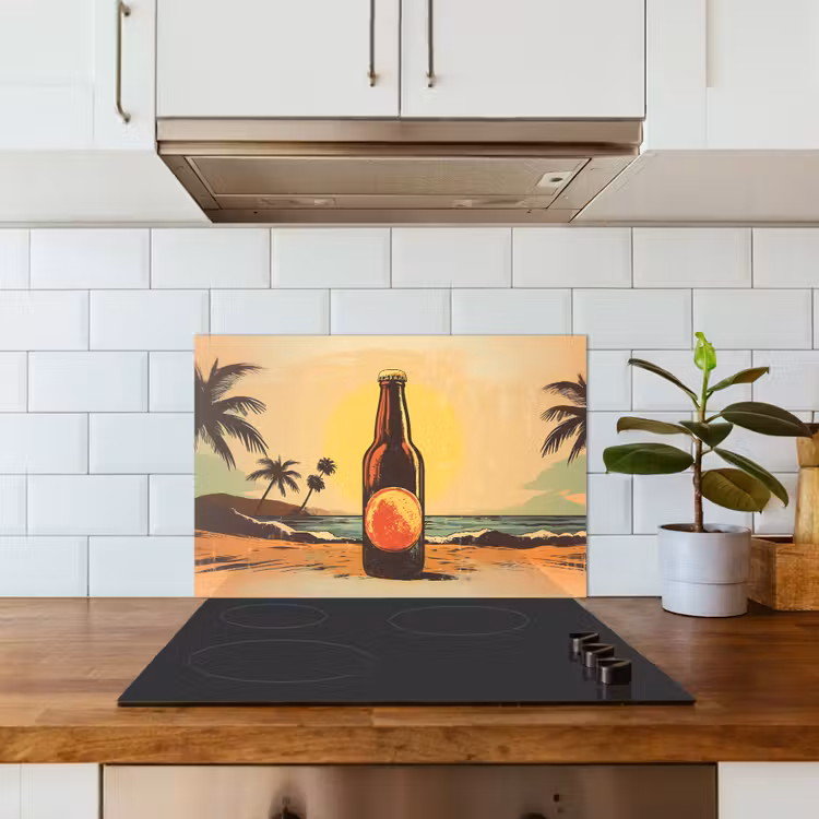 Bierfles - Zonsondergang - Palmbomen - Zee keuken achterwand spatscherm klein -sfeer2