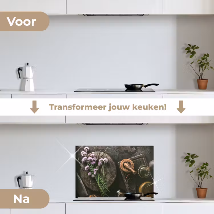 Bieslook Bloesem en Antieke Keukenwaren keuken achterwand spatscherm klein -voor_na_NL