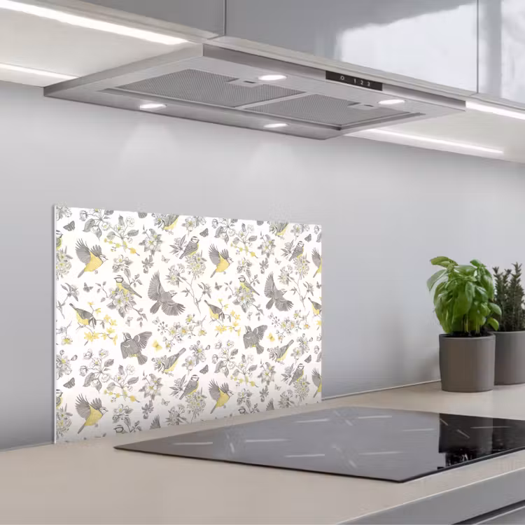 Birds - Flowers - Gray - Yellow keuken achterwand spatscherm klein 900 -3d_schuin
