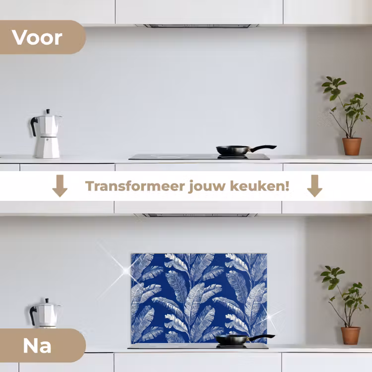 Blad - Palm - Blauw keuken achterwand spatscherm klein 900 -voor_na_NL