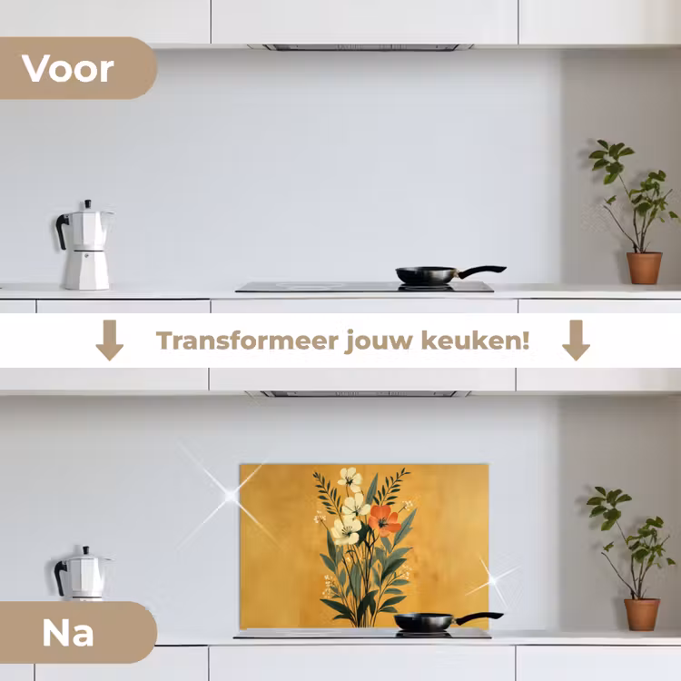Bladeren - Boeket - Bloemen - Geel keuken achterwand spatscherm klein -voor_na_NL