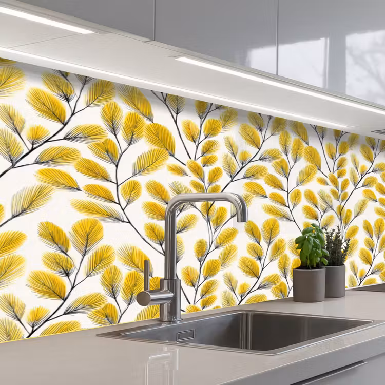Bladeren - Botanisch - Elegant - Geel - Zwart keuken achterwand 2 middel 871 -3d_schuin