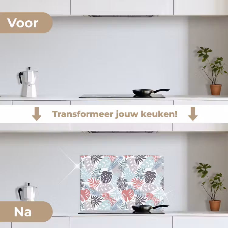 Bladeren - Jungle - Pastel - Tropisch keuken achterwand spatscherm klein -voor_na_NL