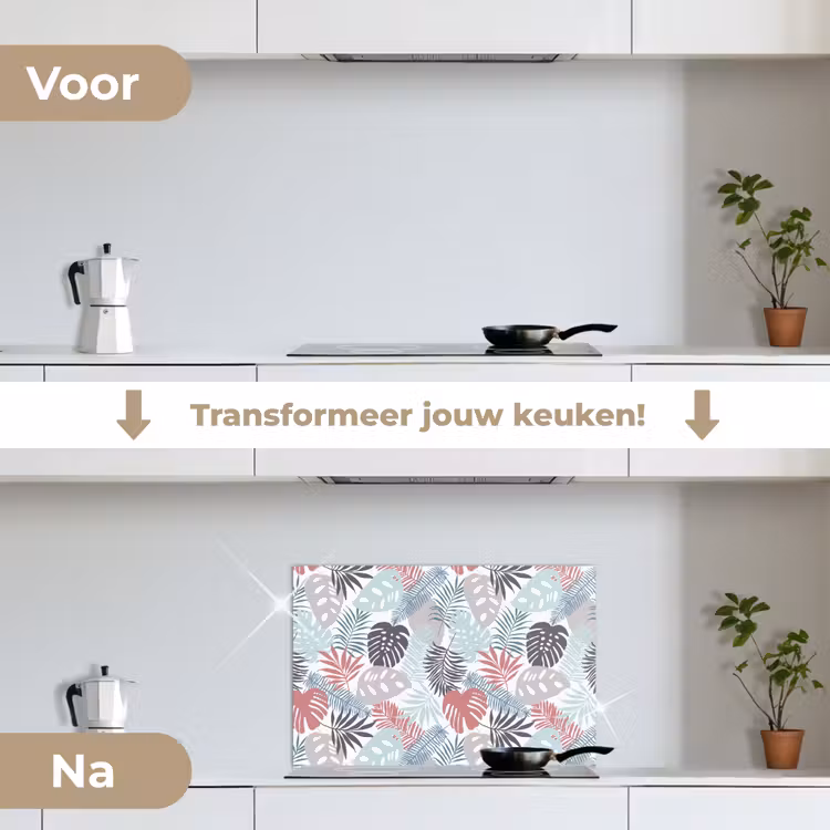 Bladeren - Jungle - Pastel - Tropisch keuken achterwand spatscherm klein -voor_na_NL