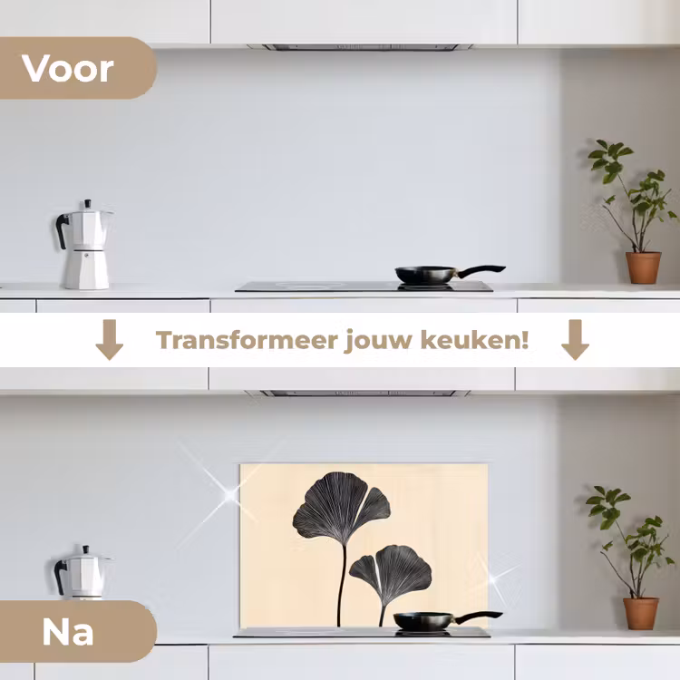 Bladeren - Minimalistisch - Zwart keuken achterwand spatscherm klein -voor_na_NL