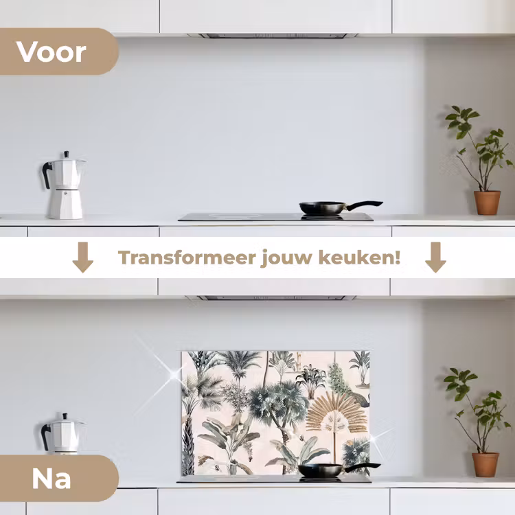 Bladeren - Monstera - Jungle - Tropical keuken achterwand spatscherm klein -voor_na_NL