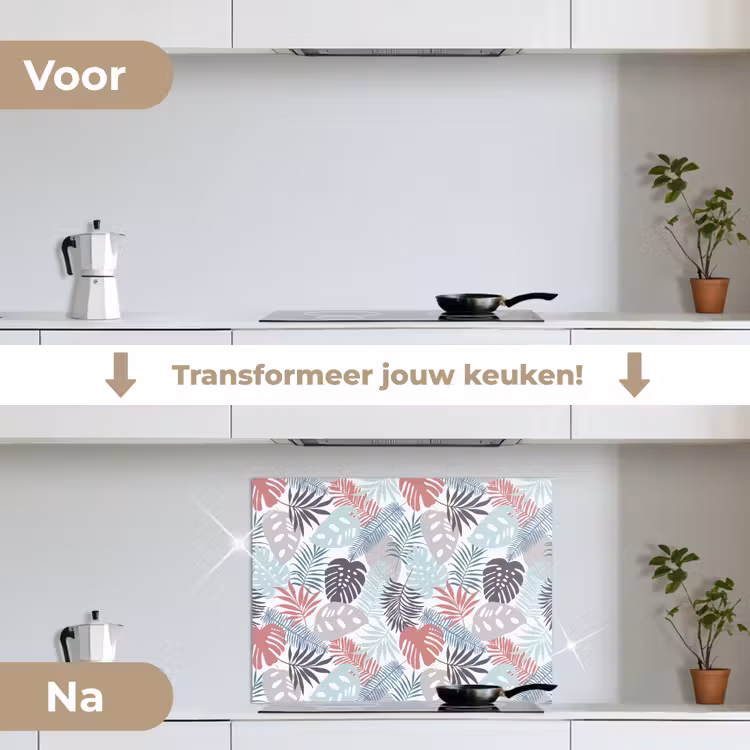 Bladeren - Pastel - Jungle keuken achterwand spatscherm middel -voor_na_NL