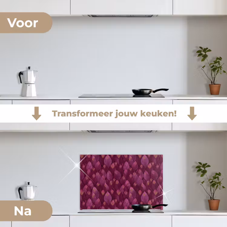 Bladeren - Patroon - Burgundy keuken achterwand spatscherm klein 900 -voor_na_NL