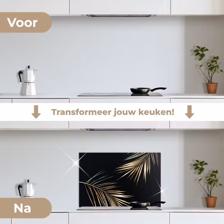Bladeren - Planten - Goud - Zwart - Luxe keuken achterwand spatscherm klein -voor_na_NL