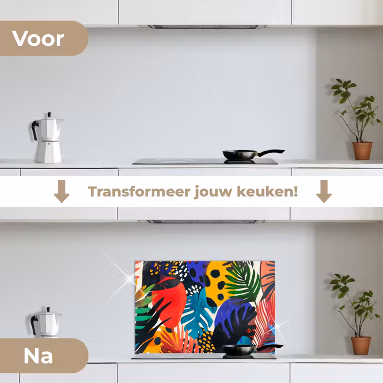 Bladeren - Vormen - Abstract - Kleurrijk keuken achterwand spatscherm klein -voor_na_NL