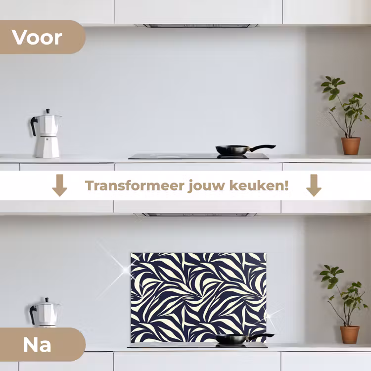 Bladvormen - Blauw - Patroon - Wit keuken achterwand spatscherm klein 900 -voor_na_NL