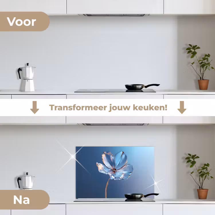 Blauw - Bloem - Glazen - Sierlijk keuken achterwand spatscherm klein -voor_na_NL