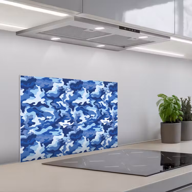 Blauw - Camouflage - Golvend keuken achterwand spatscherm klein 900 -3d_schuin
