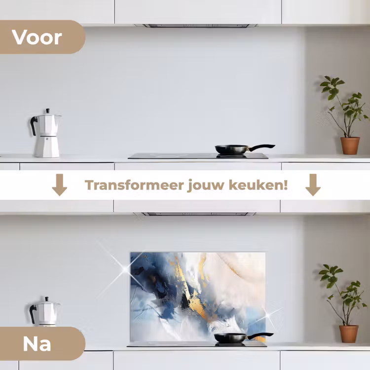 Blauw - Modern - Marmer - Abstract - Goud keuken achterwand spatscherm klein -voor_na_NL